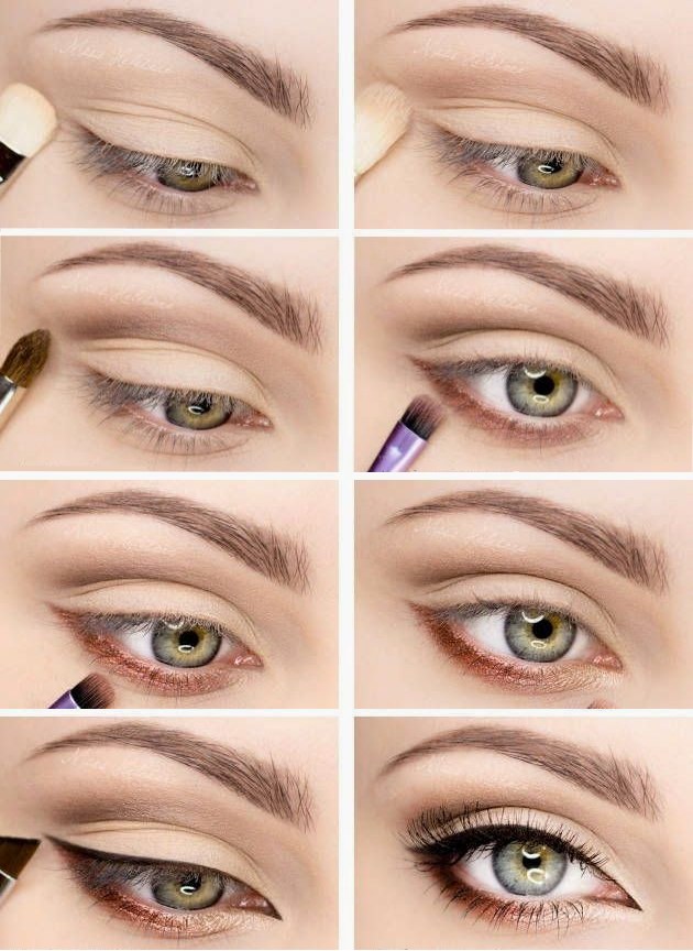 Maquillage pour les yeux verts par étapes. Étudiez dans les tons orange et or 